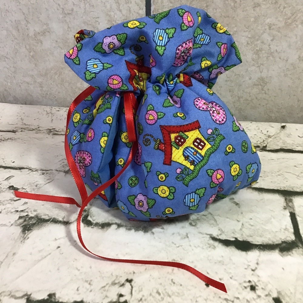 Vintage Handmade Tea Pot Cozy Padded Drawstring Collectible Blue House Print